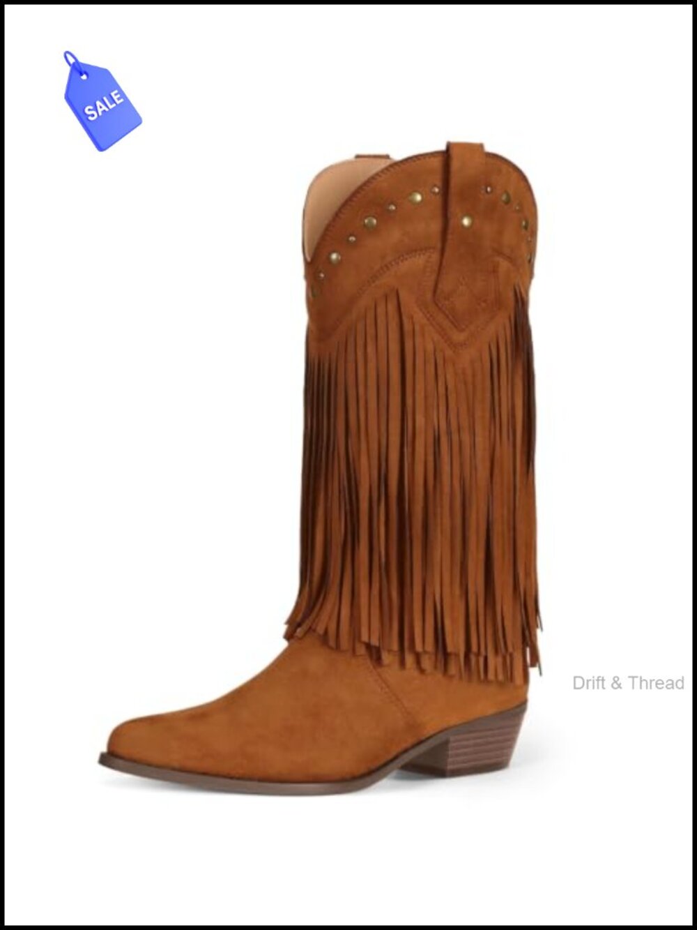 Faux Suede Fringe Pointed Toe Chunky Heel Western Mid Calf Cowboy Boots